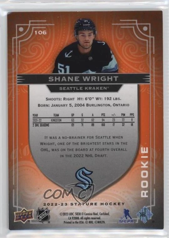2022-23 Upper Deck Stature Rookies Orange /45 Shane Wright #106 Rookie RC - Image 2 of 2