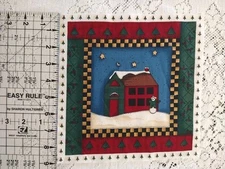 Primitive Christmas House Fabric Panel 8.75"x8.75" Square Red Green Check