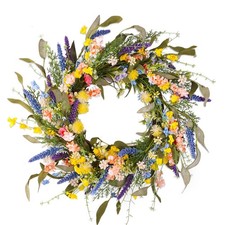 22" Colorful Wildflower Spring Summer Wreath with Green Leaves, Floral Artifi...