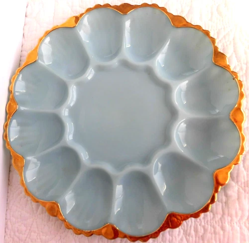VINTAGE Deviled EGG 9 1/2 in PLATE MCM Delphite aqua BLUE Milk Glass FIre King