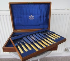 Antique Mappin & Webb 12 piece oak 2-tier canteen box + 6 set fish cutlery