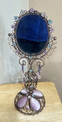 Vintage 16  Stunning 90 s Oval Freestanding Vanity Mirror With Rhinestones