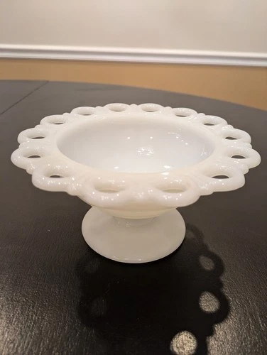 VTG Anchor Hocking Old Colony Open Lace Milk Glass Pedestal Bowl Compote