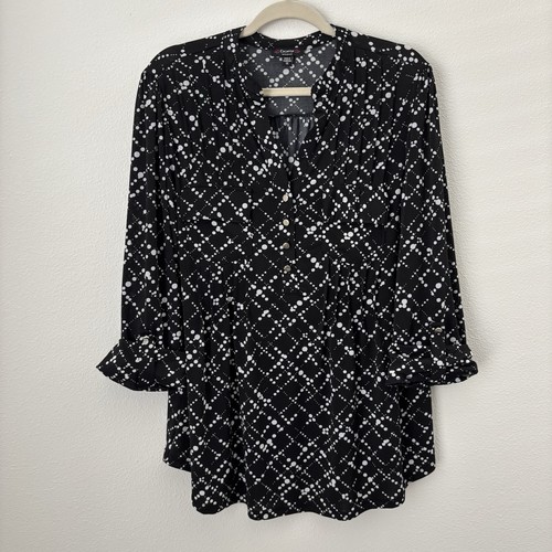 Cocomo Top Womens 1X Black White Print 3/4 Roll Tab Sleeve Tunic Pleated Pockets
