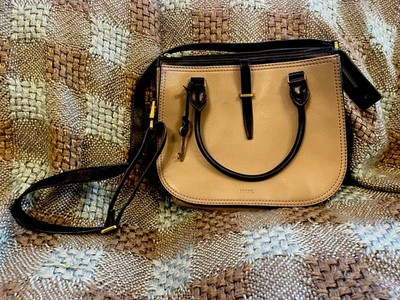FOSSIL Ryder Top Handle Satchel Crossbody Bag Taupe & Black Leather Key Gold Hdw