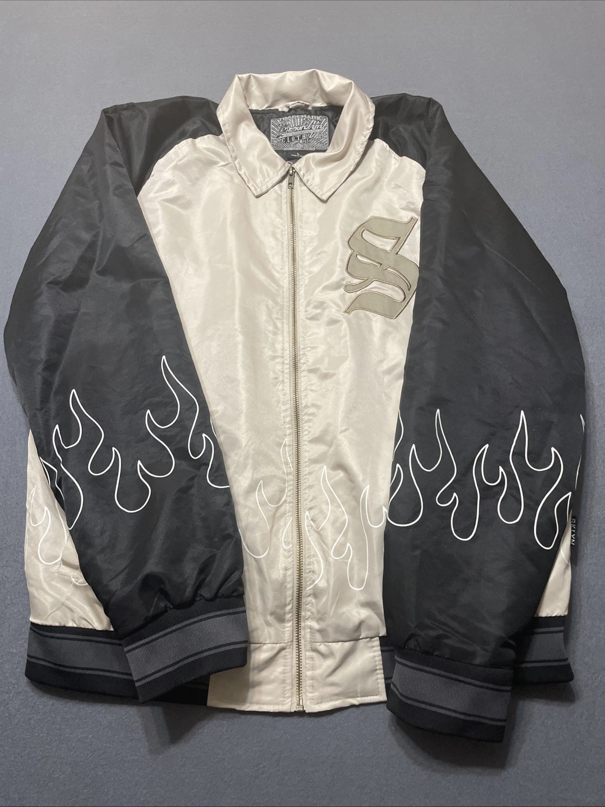 Brooklyn Cloth Flame Bomber Crème & Black Patches Varsity. Men’s LG - product detail image 1