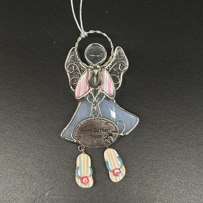Stained Glass Angel Ornament Holding  Feel Better Soon  Sun Catcher 3 1/2  Tall