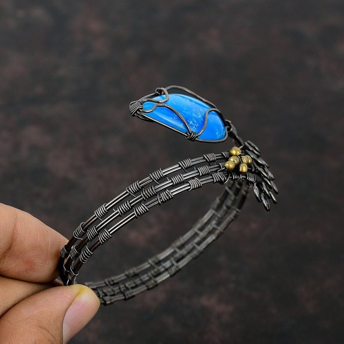 Gift For Her Copper Smithsonite Gemstone Jewelry Wire Wrapped Adjustable Cuff - Picture 5 of 6