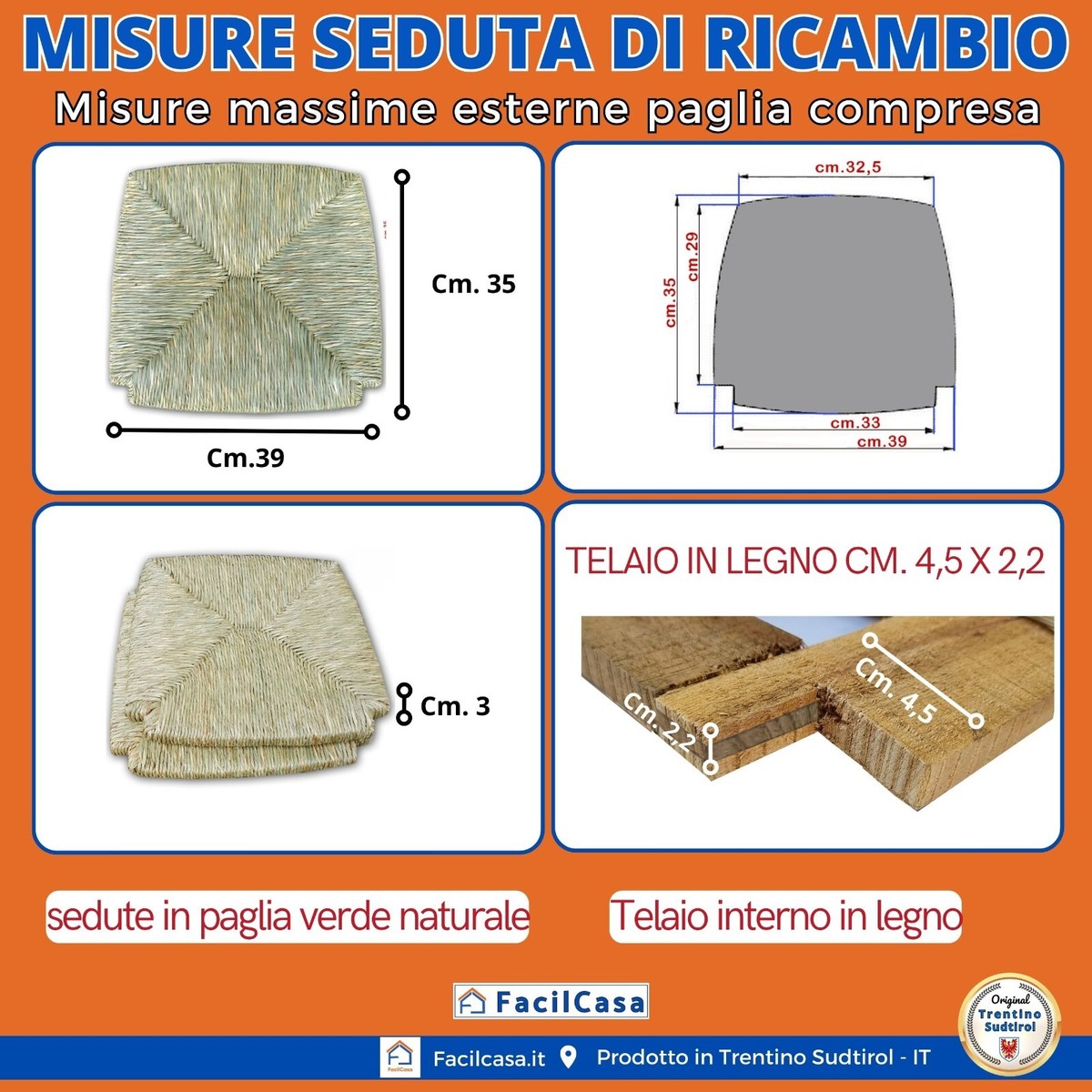 Ricambio In Paglia Per Sedie E Sgabelli Cm 33xcm 33 Con Angoli - Foto 2
