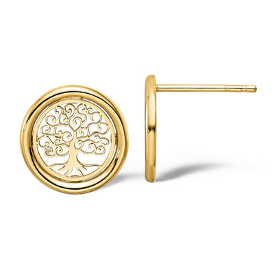 14K Solid Yellow Gold Tree of Life Round Stud Earrings
