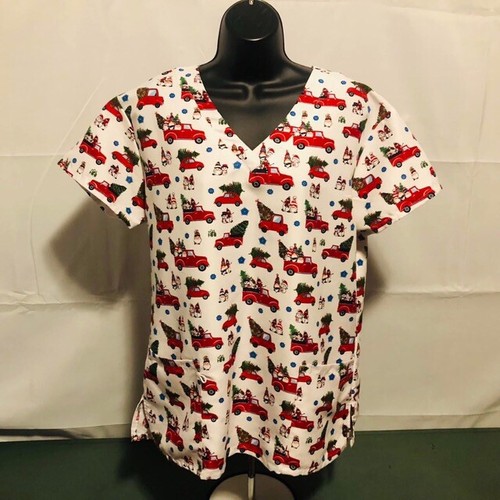 Gabby Brooke Women’s Size Large Red Truck Gnome Snowman Christmas Scrub Top - Picture 6 of 24