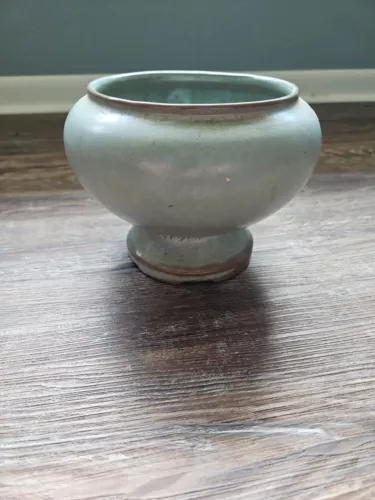 Vintage Frankoma Pottery  Green/blue Footed Bowl- Vase - Planter 22 6"X8"