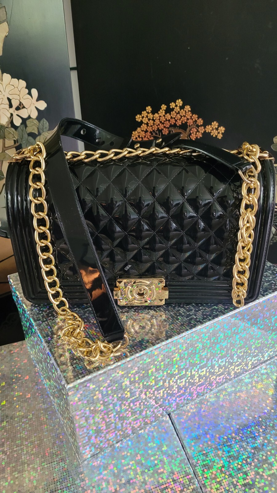 Black Patent Leather Solid Structured Handbag W G… - image 1