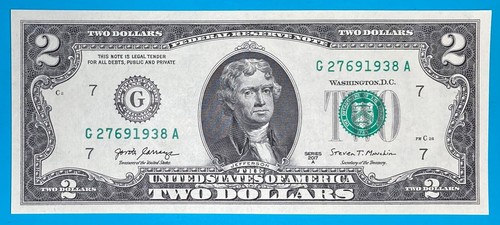 TRAILING YEAR 1938 (G 2769 1938 A) $2 Two Dollar Bill Serial Number 2017A *UNC* - Picture 2 of 3