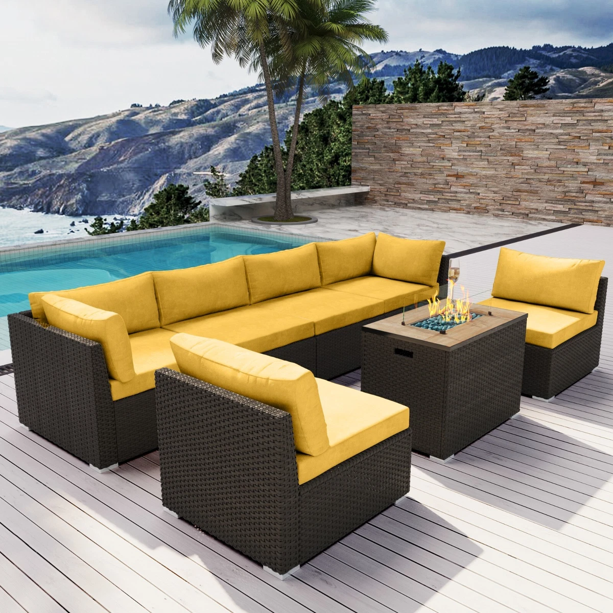 Modenzi G7 Outdoor Wicker Patio Furniture with Rectangular Fire