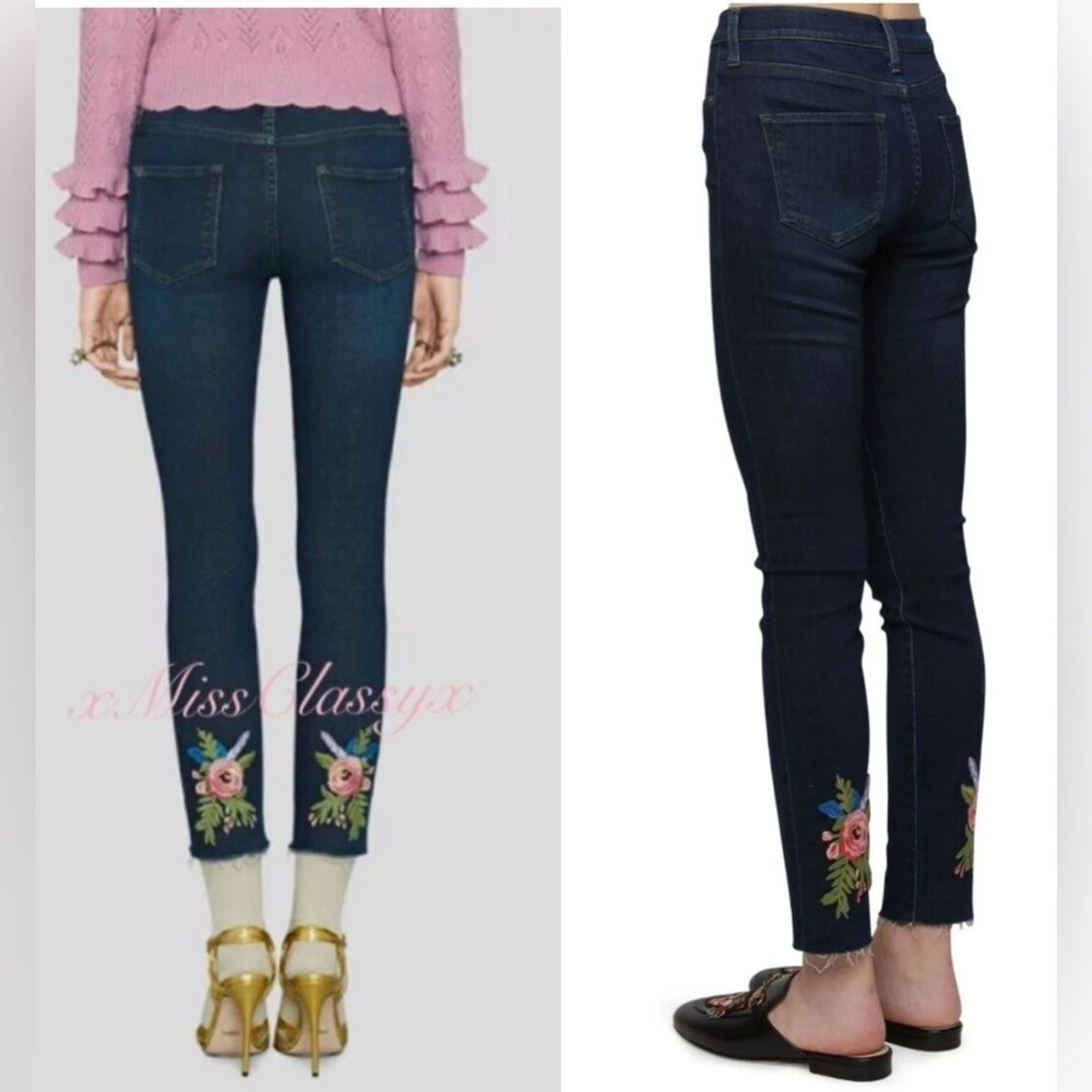Jean skinny en jean brodé de fleurs GUCCI taille 25