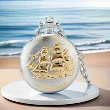 Boho Style Golden Sailboat Pocket Watch Necklace, Alloy Round Case