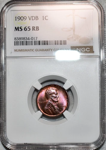 NGC MS-65 RB 1909-P VDB Lincoln Cent, Vibrantly Toned, Radiant Gem.