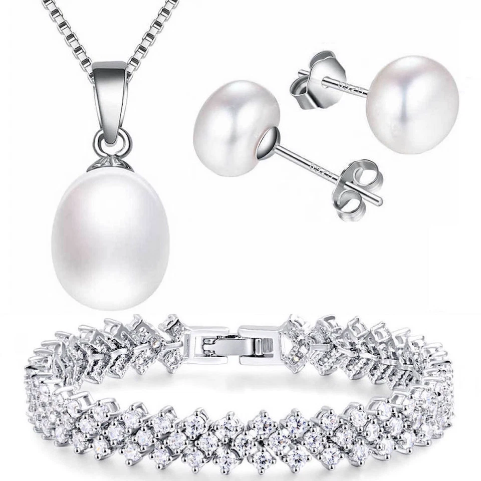 SCHMUCKSET 925 STERLING SILBER HALSKETTE SÜßWASSER PERLEN OHRSTECKER ARMBAND NEU