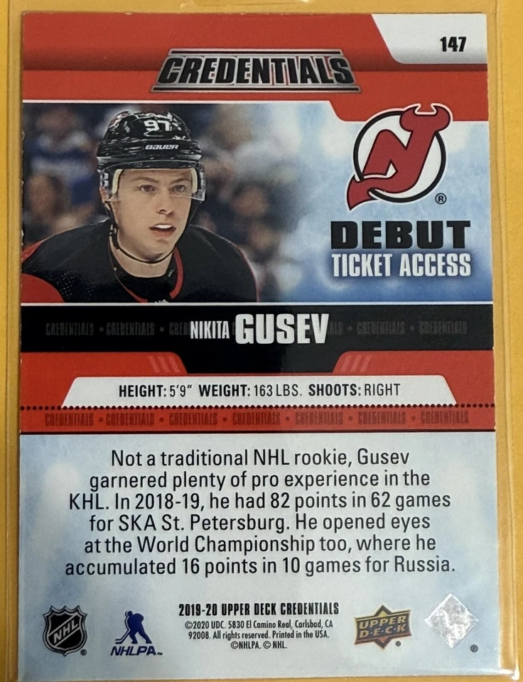 2019-20 Upper Deck Credentials #147 Nikita Gusev Debut Ticket Access /99 RED - Image 2 of 2