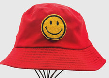 EUC Unisex Print Reversible Bucket Hat Red w/Smiley Face Reverse to Solid Black