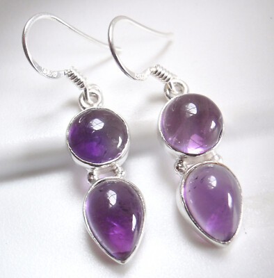 Amethyst runder und tropfenförmiger Cabochon 925 Sterlingsilber Ohrhänger