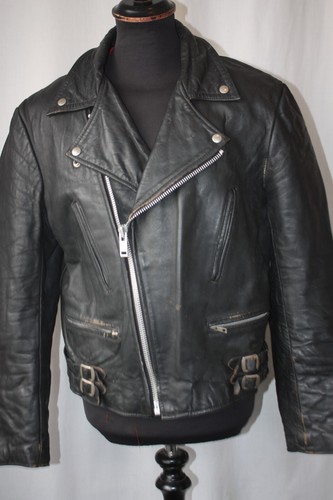 Giacca biker pelle Brando nera vintage anni 70 fodera rossa taglia L 44" punk rockabilly - Foto 4 di 22