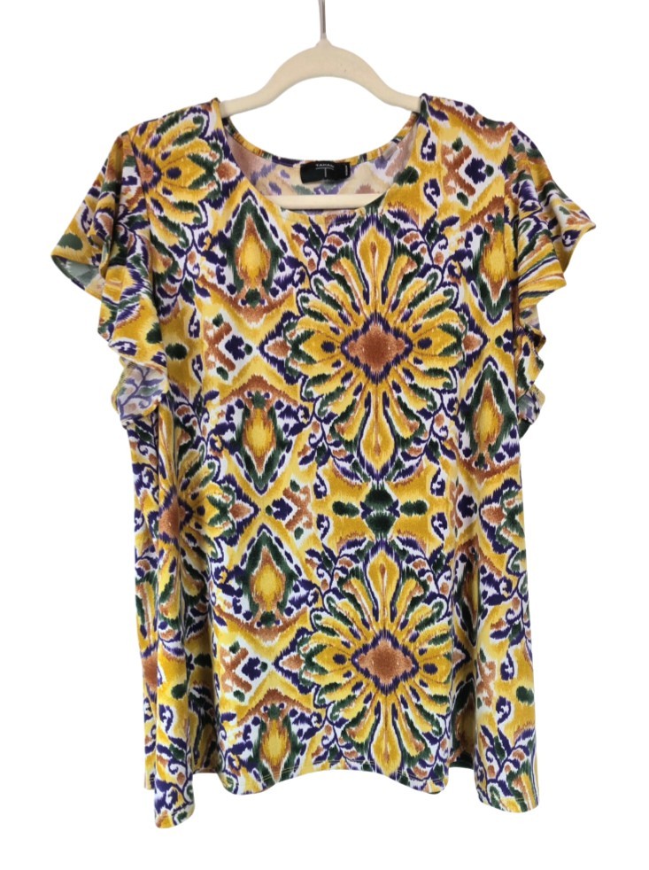 Tahari Geometric Floral Fairycore Flowy Flutter Sleeve Ruffle Blouse Plus Sz 1X