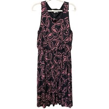 LOFT Sleeveless Blouson Knit Dress Size L Black Pink Floral Lined Bodice NEW