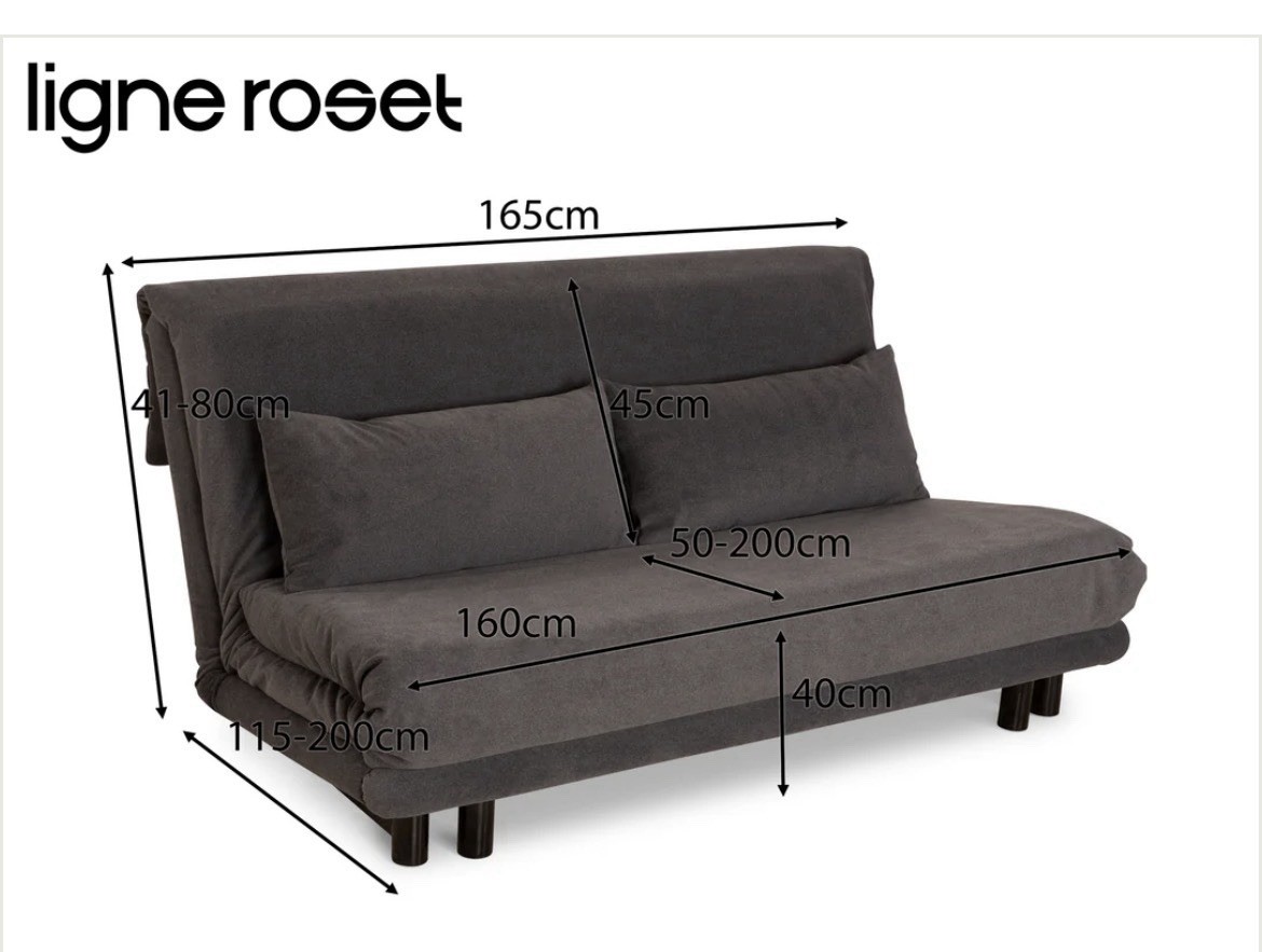 Ligne Roset Gray Futon Sofa Bed, Fabric, Convertible, 165cm Ligne Roset Gray Futon Sofa Bed, Fabric, Convertible, 165cm