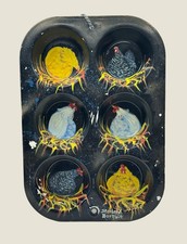 Vintage Hand Painted Muffin Tin Chickens Kitchen Decor 9.5 in [1747]