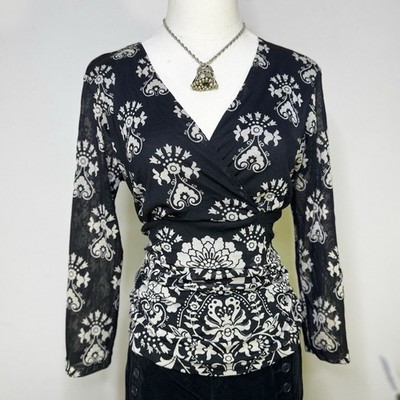 Vtg Y2K Art Deco Black White Sheer Mesh Faux Wrap V-Neck Top Whimsygoth Fairy XL