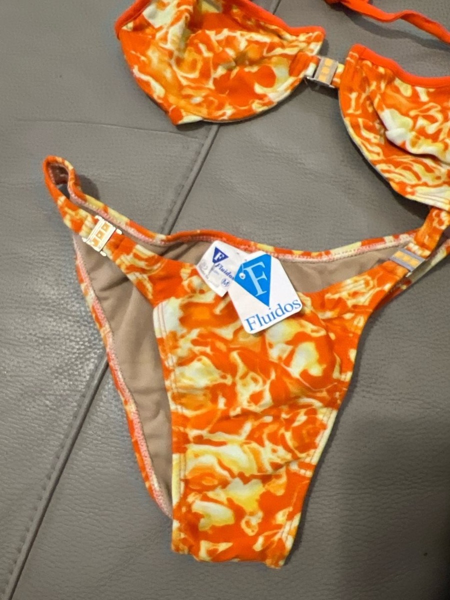 Vintage Y2K Brazilian Fluidos Orange Marble Print Underwire Bikini Set Size M View 3