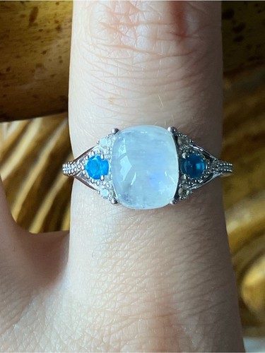 Rainbow Moonstone Blue Apatite Sterling Silver Ring Size 8.75