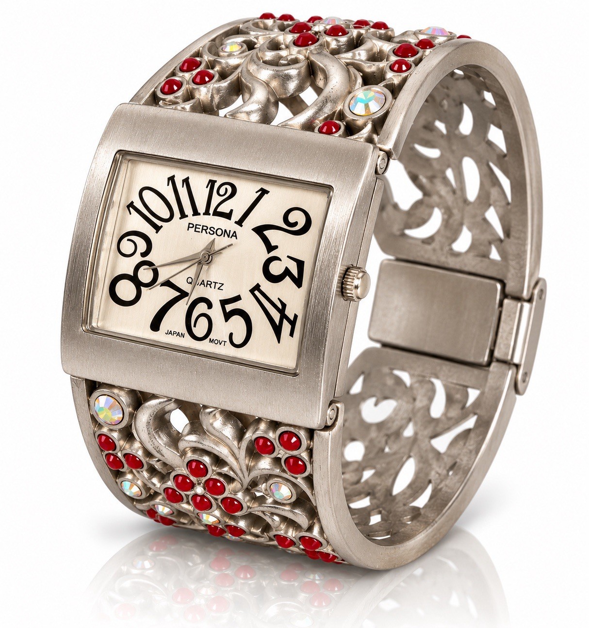 Persona Silver Tone Cuff Bracelet Watch Red Rhinestones Japan Quartz New