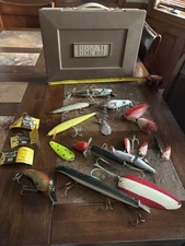 Vintage unique fishing lures collection and Bain box
