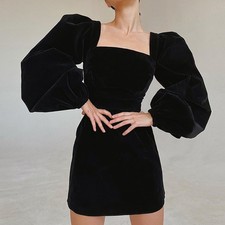 Women Velvet Dress Puff Sleeve Square Neck Bodycon Short Mini Party Evening