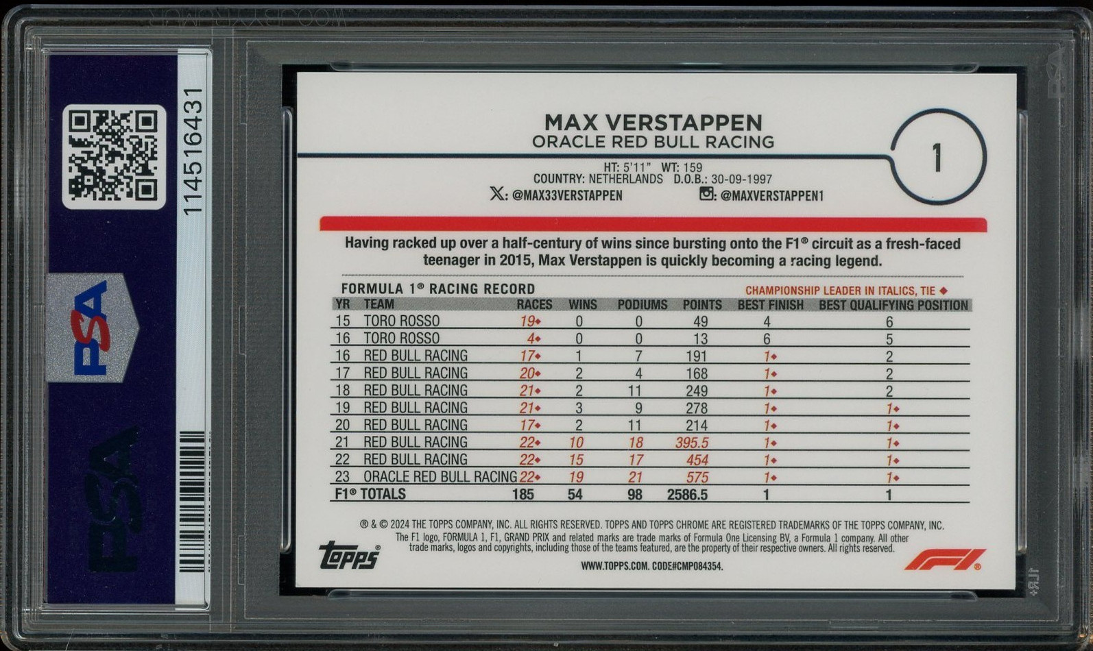 2024 Topps Chrome F1 Racing Red Refractor #1 Max Verstappen 3/5 PSA 9 MINT view 2