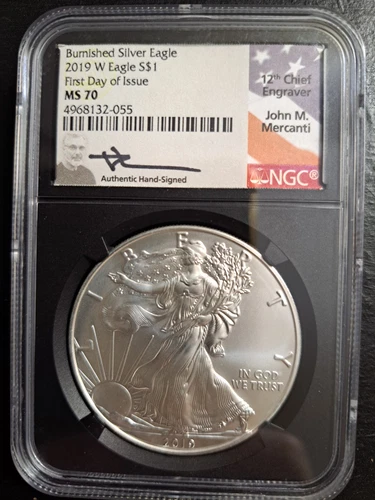 2019 W BURNISHED AMERICAN SILVER EAGLE NGC MS70 FDI MERCANTI SIGNED FLAG LABEL 