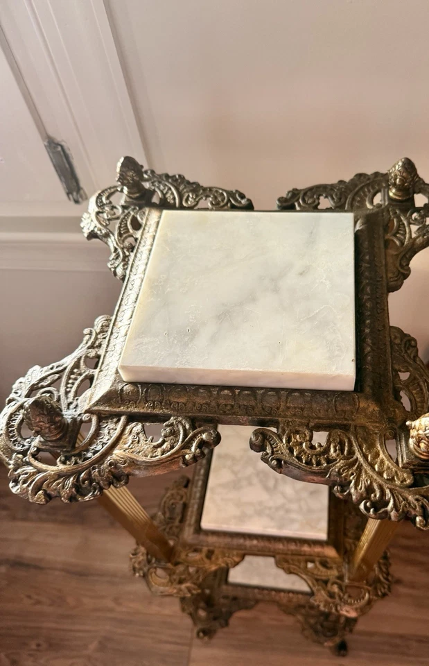 Antique Brass Plant Stand End Table Marble Victorian French Baroque 3 Tier 41”H - Image 2 of 4
