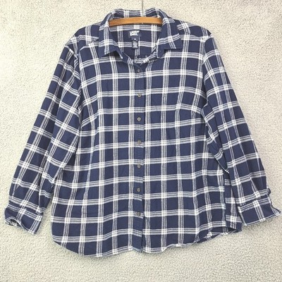 Lands End Shirt Womens 1X Blue Plaid Cotton Flannel Button Up 100% Cotton