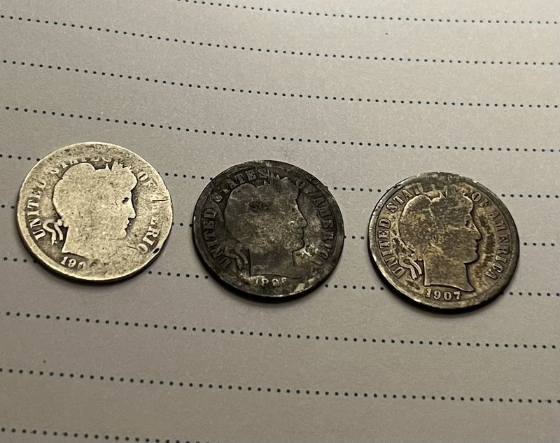 Lot of 3, 90% SILVER Barber Head Dimes, Circulated (1890s, 1900s, 1907)