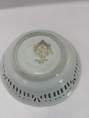 Vintage B J L Germany Porzellan Vintage rund Blumenschale Schale Netz Goldrand - Bild 3 von 6