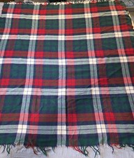 Vintage Wool Plaid Throw Blanket Fringe Tartan Green Red Blue Stadium Camp Cabin