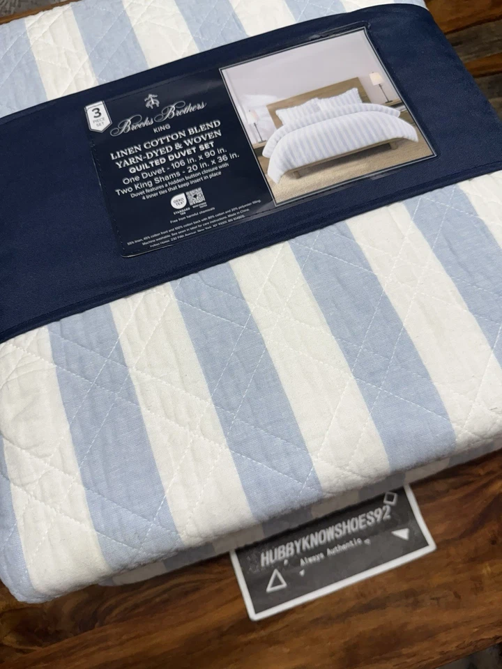Juego de 3 piezas BROOKS BROTHERS Mezcla de Lino KING EDREDÓN FARS Acolchado Rayas Azules Foto 4 de 4