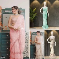 Women's georgette saree with mirror stone work and three layer embroidery design