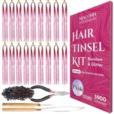 Pink Glitter Hair Tinsel Extensions Kit with Tools and Beads 48 Inch Sp