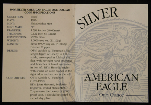 1996 P 1996P PROOF SILVER AMERICAN EAGLE UNCIRCULATED SILVER DOLLAR W/ BOX #11 - Picture 4 of 9