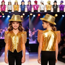Boys Girls Sequin Performance Vest with Hat Sparkling Hip Hop Dance Top Stage