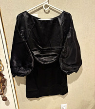 hours Black Satin Mini Dress Boat Neck Puff 3/4 Sleeves Zip Back Size S